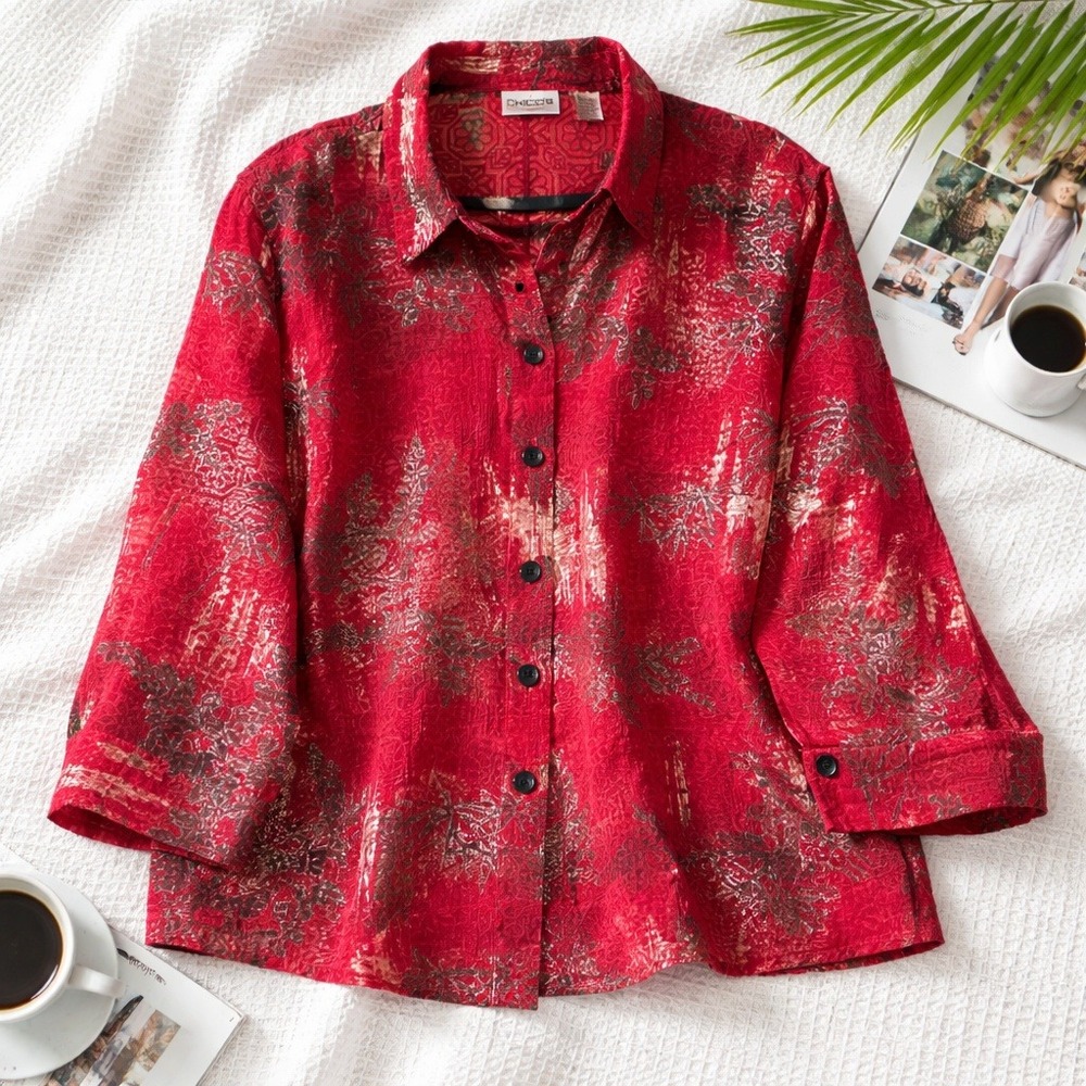 Chico's‎ 3 Red Linen Blend Sheer Burnout Floral Button Down Shirt Blouse XL